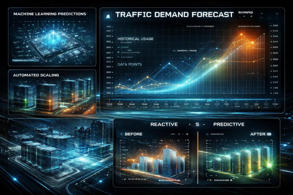 AI-driven predictive autoscaling showing machine learning forecasting infrastructure demand