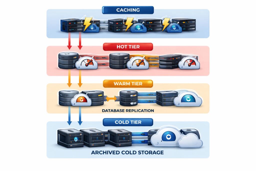 Data storage architecture showing hot, warm, and cold tiers with caching and database replication