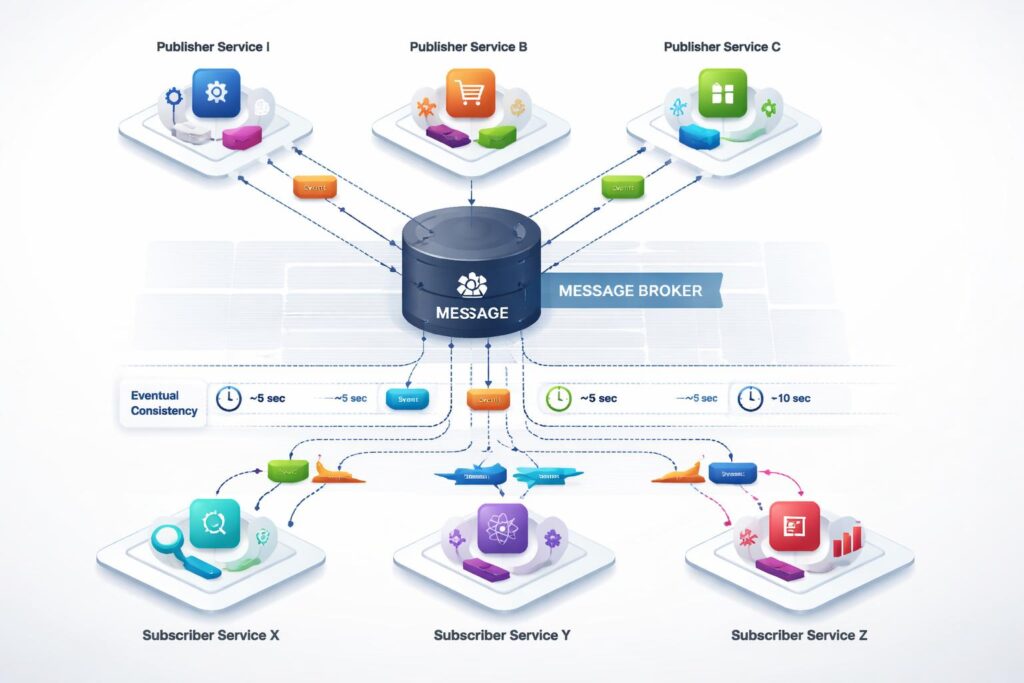 Event-driven architecture pattern showing asynchronous messaging and eventual consistency