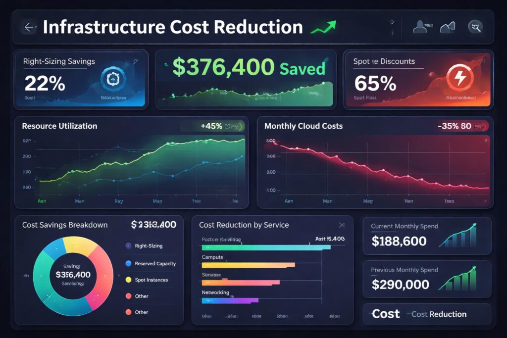 Infrastructure cost optimization strategies showing savings from right-sizing and reserved capacity