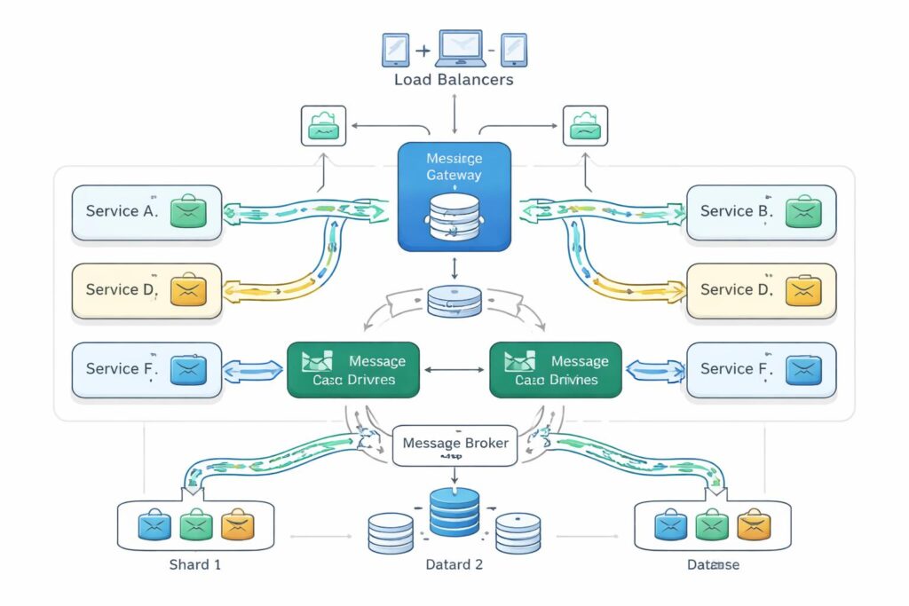 Microservices architecture diagram with API gateway, event-driven messaging, and distributed services