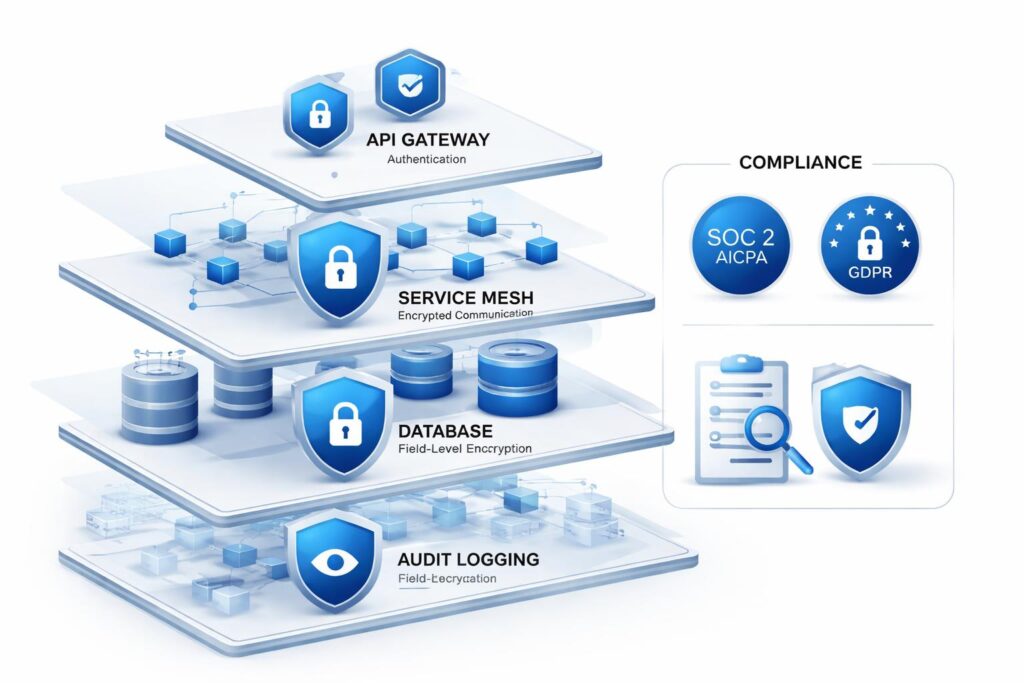Multi-layer security architecture for scalable SaaS platforms showing authentication, encryption, and compliance