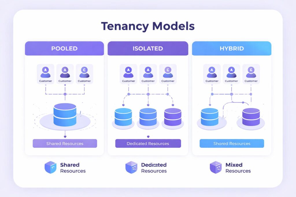 Multi-tenancy architecture models comparing pooled, isolated, and hybrid approaches for SaaS platforms