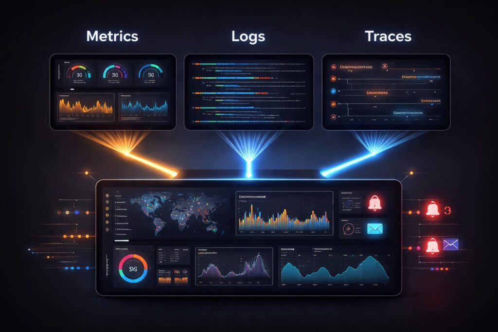 Observability stack showing metrics, logging, and distributed tracing for SaaS monitoring