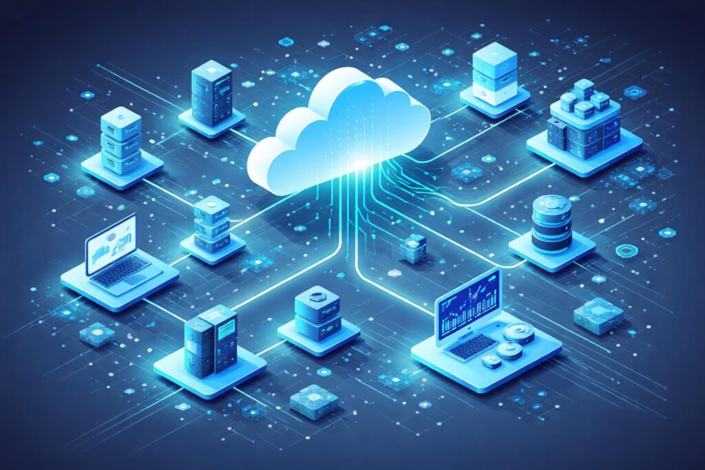 Scalable SaaS architecture diagram showing cloud-native distributed systems and microservices infrastructure