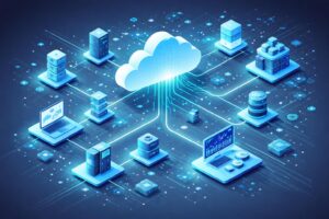 Scalable SaaS architecture diagram showing cloud-native distributed systems and microservices infrastructure