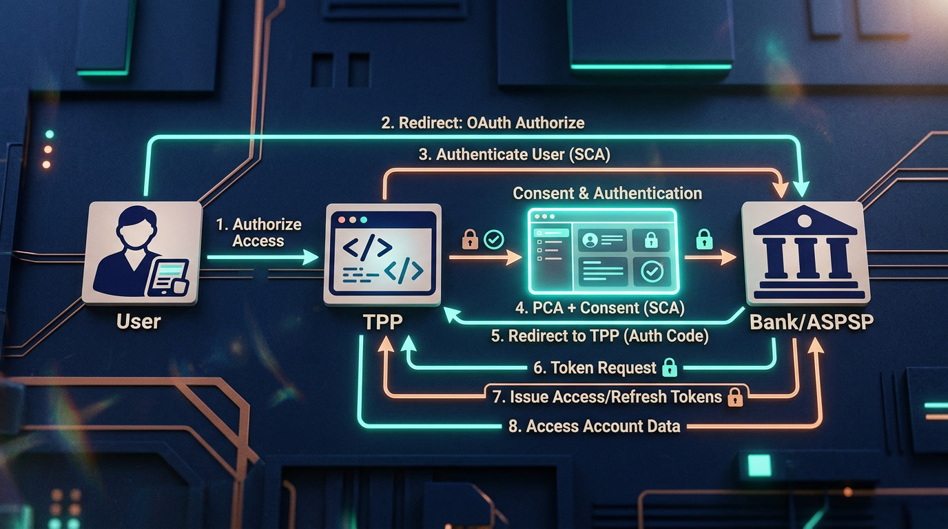User → TPP → Bank (ASPSP) OAuth 2.0SCA flow